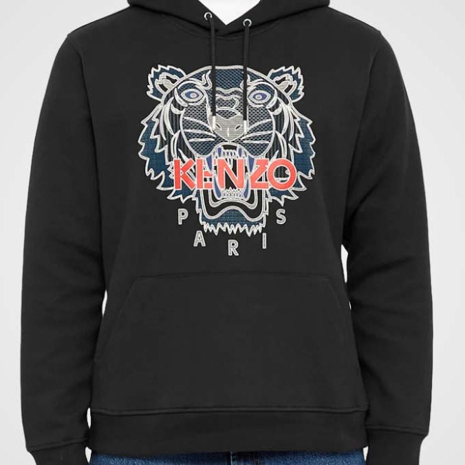 Averlo's black Kenzo hoodie featuring an embroidered tiger face, red Kenzo logo and front pouch pocket.