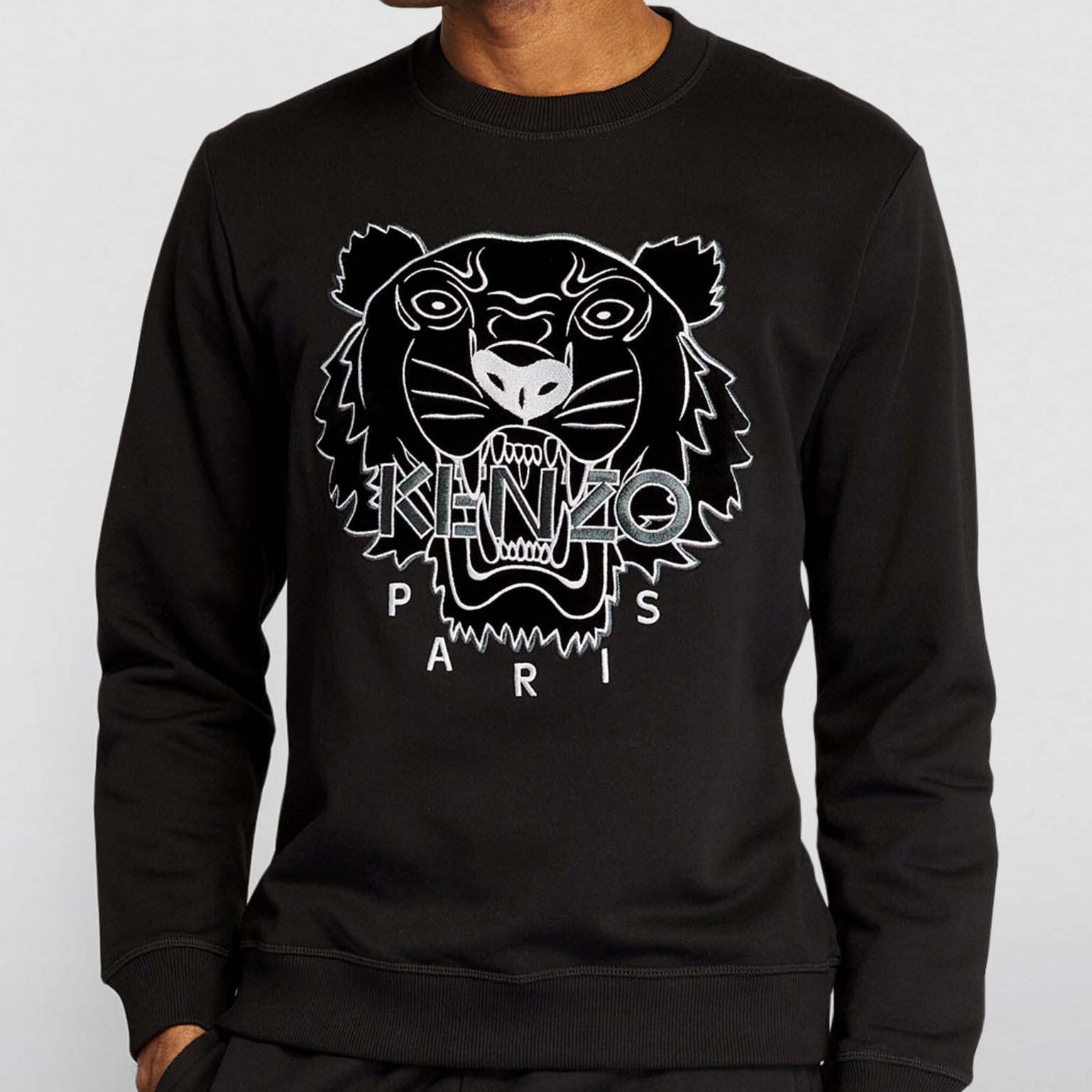 Averlo’s Black Kenzo Tiger Sweatshirt featuring a bold embroidered tiger face and Kenzo Paris logo on the front