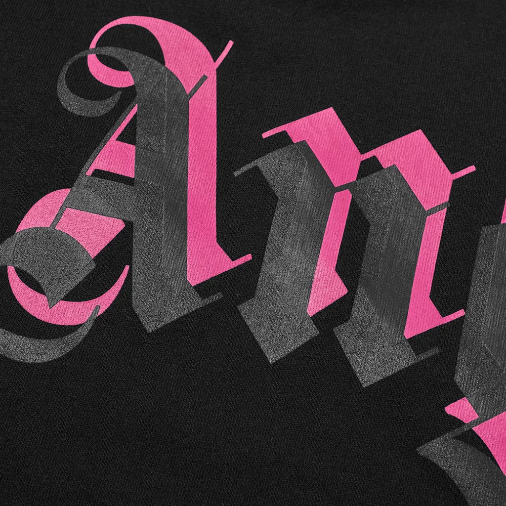 Detailed view of the Palm Angels logo in stylized pink text on a black background. The ornate, Gothic font with bold strokes features overlapping shades of pink and gray, as seen on the Palm Angels Oversize Double Printed Neck Logo T-Shirt in Black/Pink.