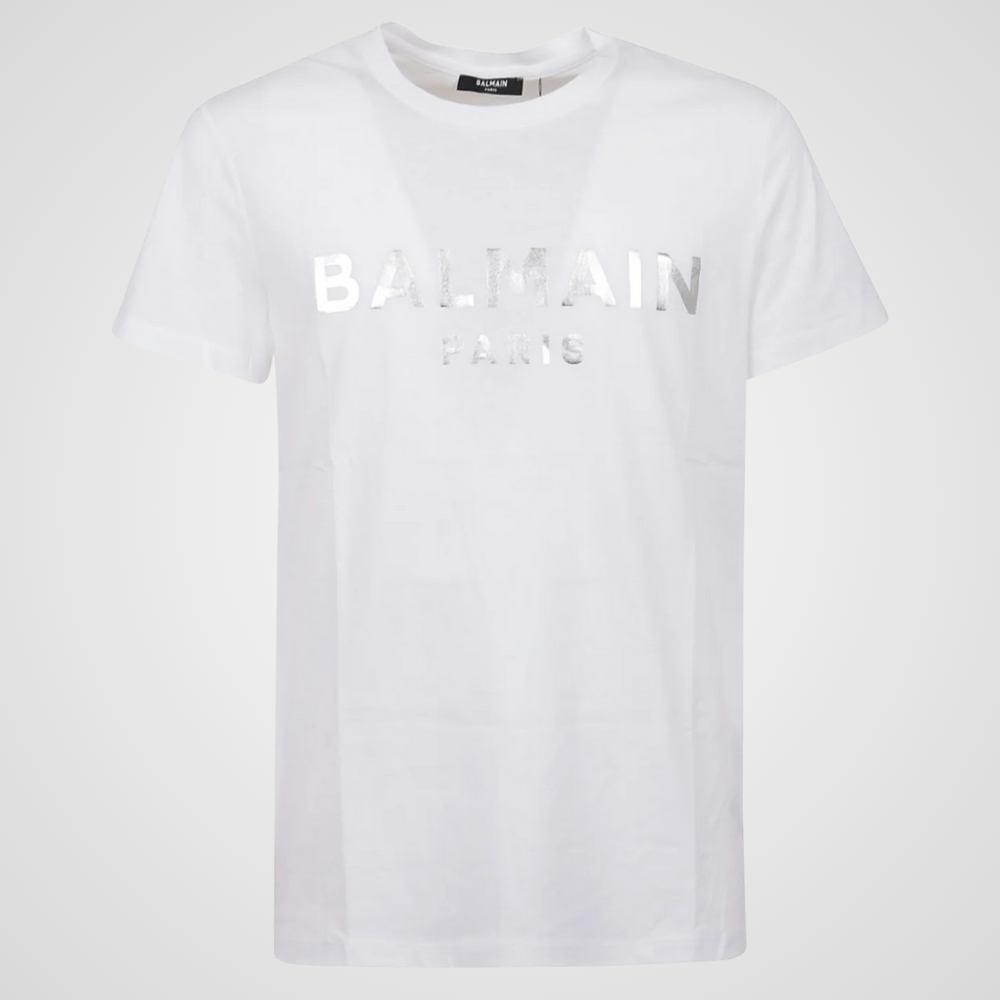 Balmain Logo Print Round Neck T-Shirt, Silver