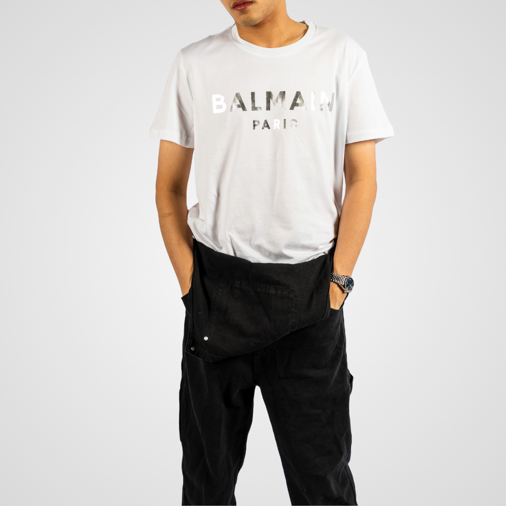 Balmain Logo Print Round Neck T-Shirt, Silver