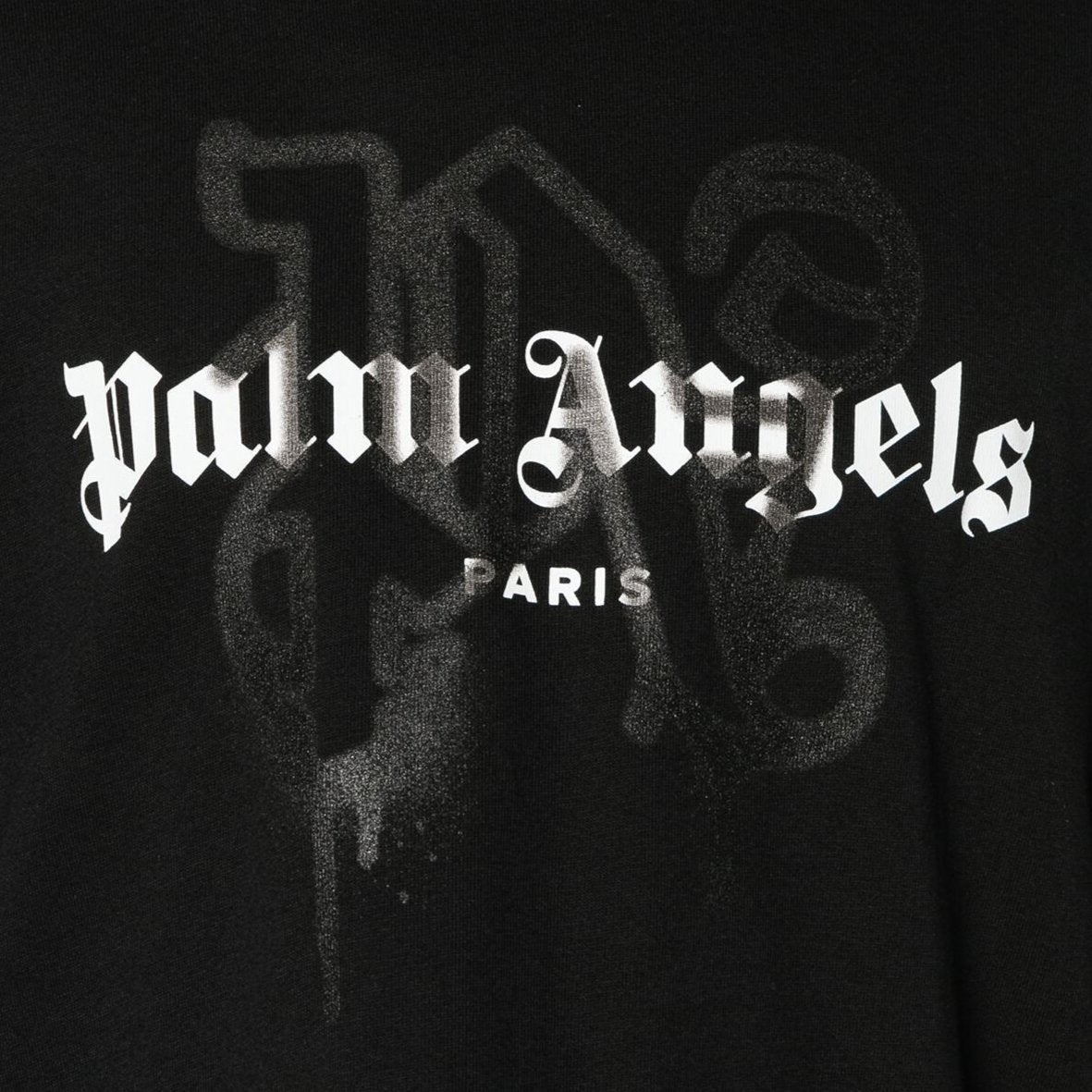The Palm Angels Paris Monogram Sprayed Logo T-Shirt showcases a black background adorned with the brand's name "Palm Angels" elegantly scripted in white Gothic lettering, with "Paris" subtly placed underneath. Shadowy, dark patterns reminiscent of a monogram logo tee emerge behind the text, all crafted from high-quality premium cotton jersey.