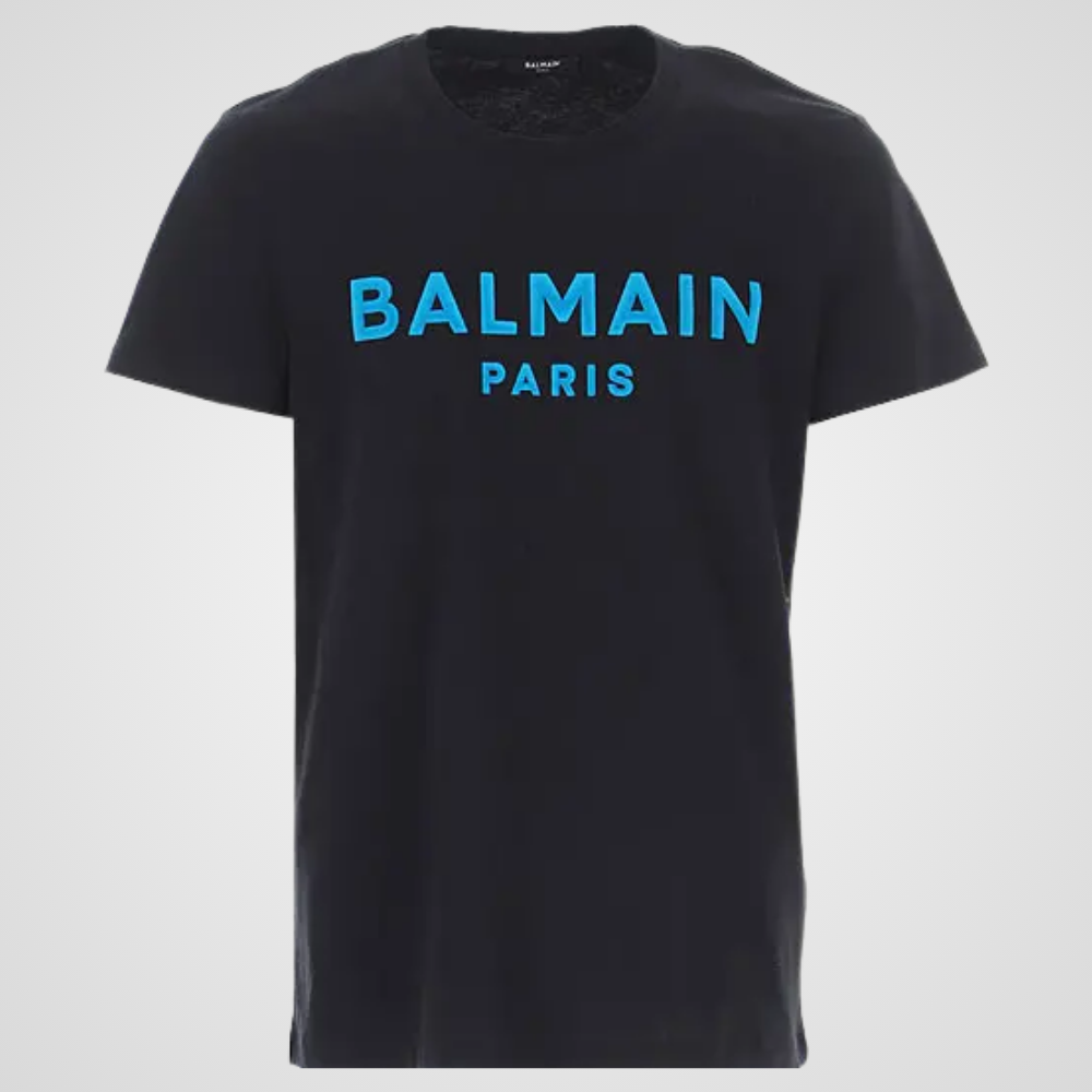 Balmain Logo Print Round Neck T-Shirt, Black & Blue