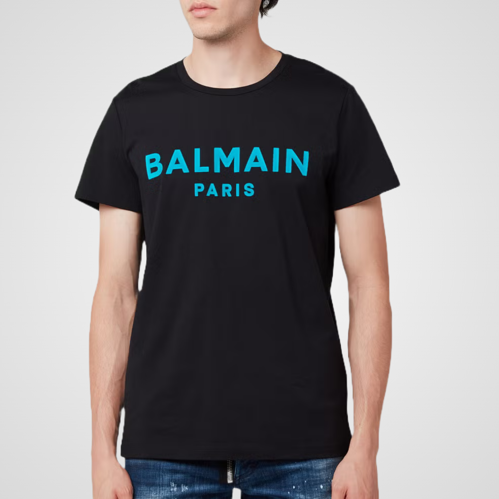 Balmain Logo Print Round Neck T-Shirt, Black & Blue