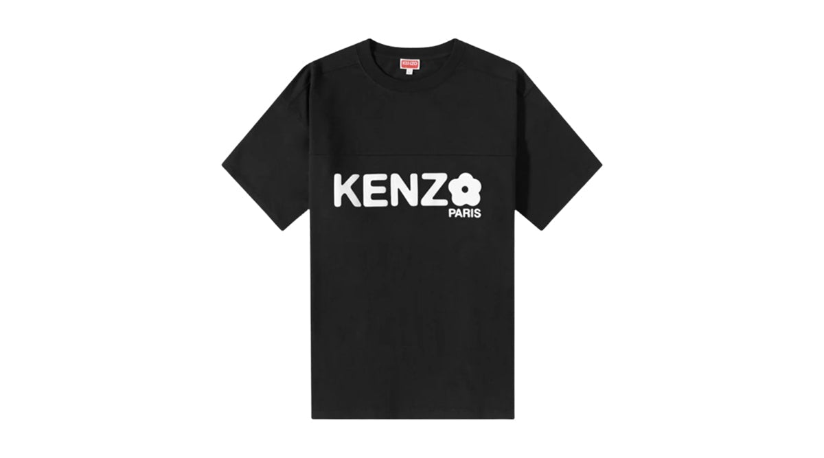 A black t-shirt with a bold white Kenzo Paris logo available at Averlo in Australia   