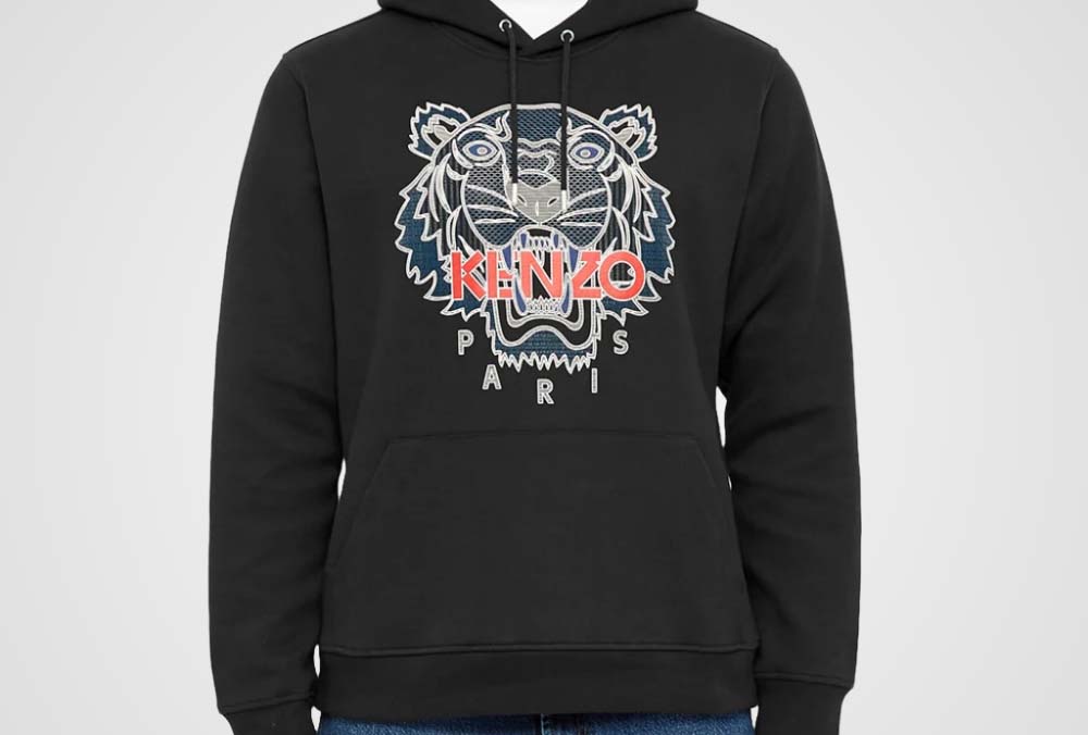 Averlo's black Kenzo hoodie featuring an embroidered tiger face, red Kenzo logo and front pouch pocket.
