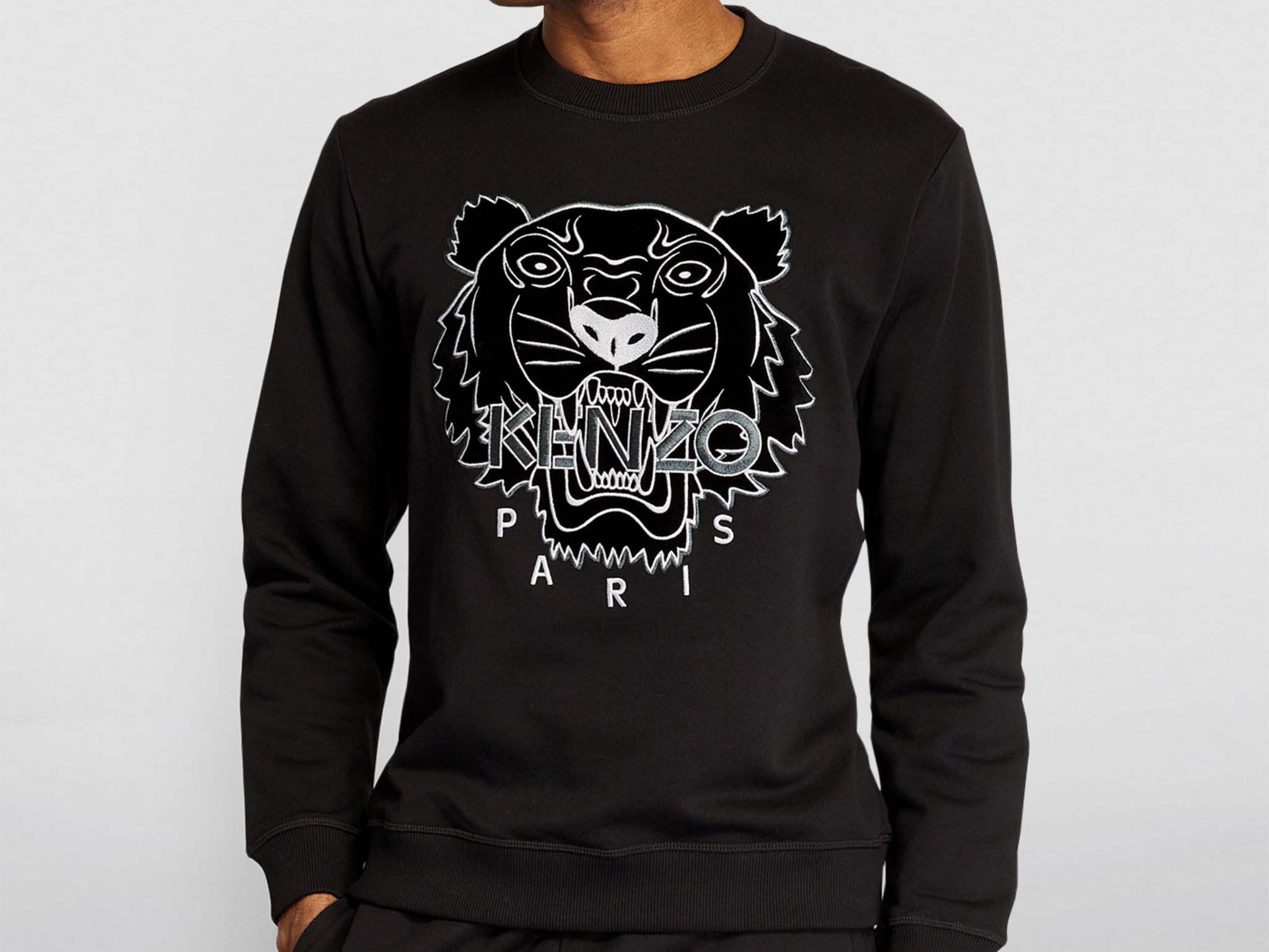 Averlo’s Black Kenzo Tiger Sweatshirt featuring a bold embroidered tiger face and Kenzo Paris logo on the front