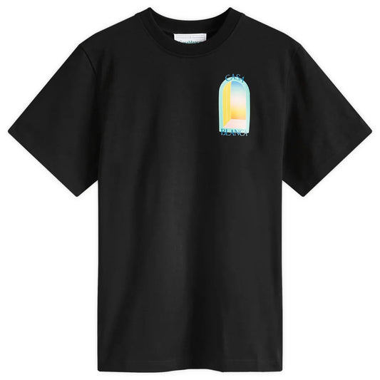 The Casablanca L'Arc Colore T-Shirt Black by Casablanca features a small, colorful graphic of a sunset or sunrise behind a stylized dome with "City Beach" text on the upper left side, crafted from soft organic cotton.