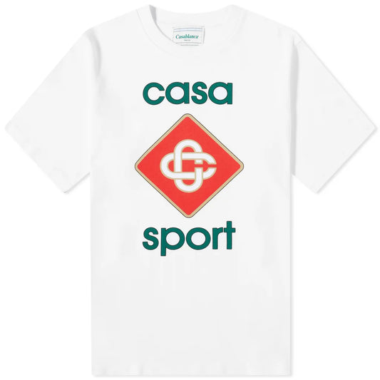 The Casablanca Casa Sport Logo T-Shirt by Casablanca is made from organic cotton, featuring a red diamond intertwined logo and green text reading "casa sport" inspired by African art.