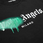 Here's a rephrased version of the sentence using the given product data: 

A detailed look at the Palm Angels Milano Sprayed Logo T-Shirt shows "Palm Angels Milano" elegantly printed in white. The word "Palm" is creatively veiled with green spray paint drips, infusing an edgy streetwear vibe into this black t-shirt by Palm Angels.