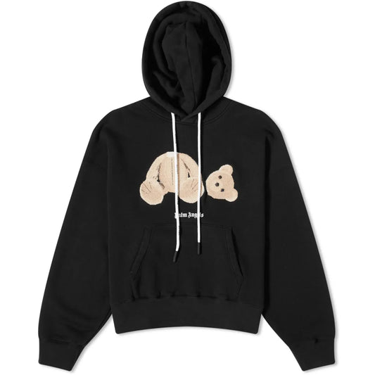 The Palm Angels Bear Hoodie from Palm Angels perfectly captures the essence of streetwear with its high-fashion teddy bear graphic showcasing a creatively detached head on the front. Featuring white drawstrings and a roomy front pocket, it makes a bold statement.