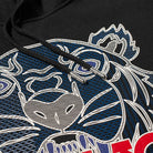 Close-up of the Kenzo Silicone Scuba Hoodie, showcasing a black fabric with an embroidered blue and white tiger face design characterized by intricate line art details, evoking the iconic style of Kenzo. Two black drawstrings with metallic tips partially obscure the tiger motif, while the textured background enhances depth.