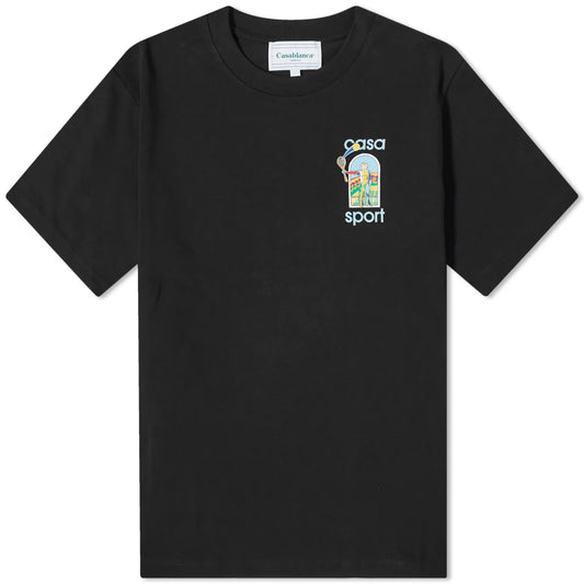 The Casablanca Le Jeu Colore T-Shirt Black, by Casablanca, is made from organic cotton and features a small, colorful graphic of a stylized building on the upper left chest with "casa sport," making it ideal for leisurewear.