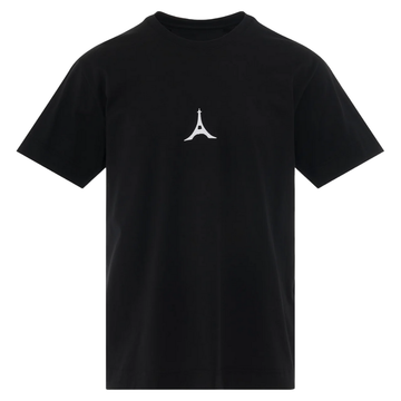 A black T-shirt boasting a simple white Eiffel Tower icon centered on the chest, ideal for any casual wardrobe, similar to the Givenchy Paris Eiffel College Logo T-Shirt style.