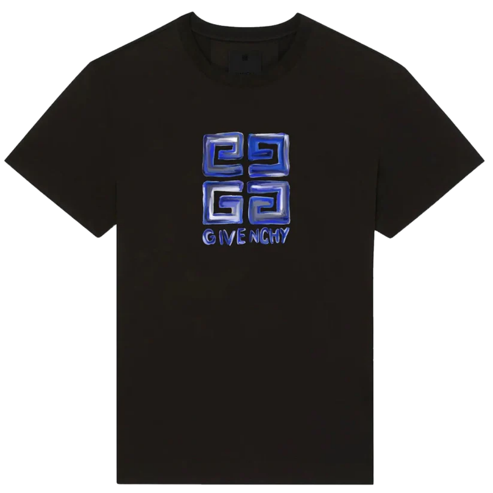 This stylish Givenchy Paris 4G Logo T-Shirt in black and blue offers a slim fit design and features a bold blue geometric pattern with two interlocking Gs above the elegant "Givenchy" lettering.