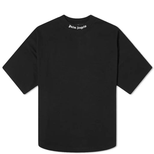 The Palm Angels Oversize Neck Logo T-Shirt in black, by Palm Angels, showcases an oversized fit with a white "Palm Angels" logo printed on the neckline.