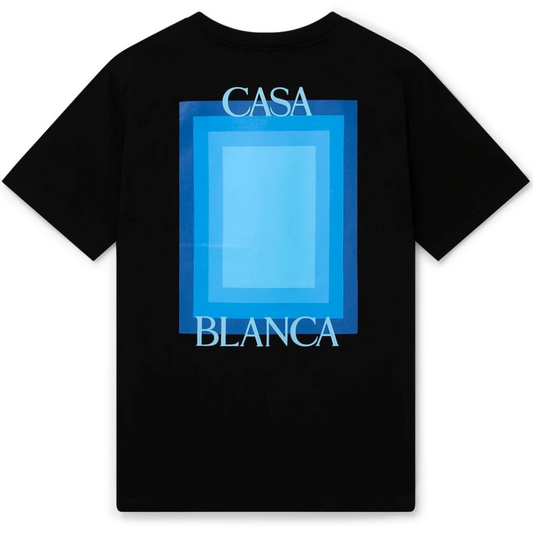 The Casablanca Logo Degrade Screen Printed T-Shirt Black features an organic cotton design with a large blue gradient rectangle. "CASA" appears above and "BLANCA" below, highlighting Casablanca's signature style.