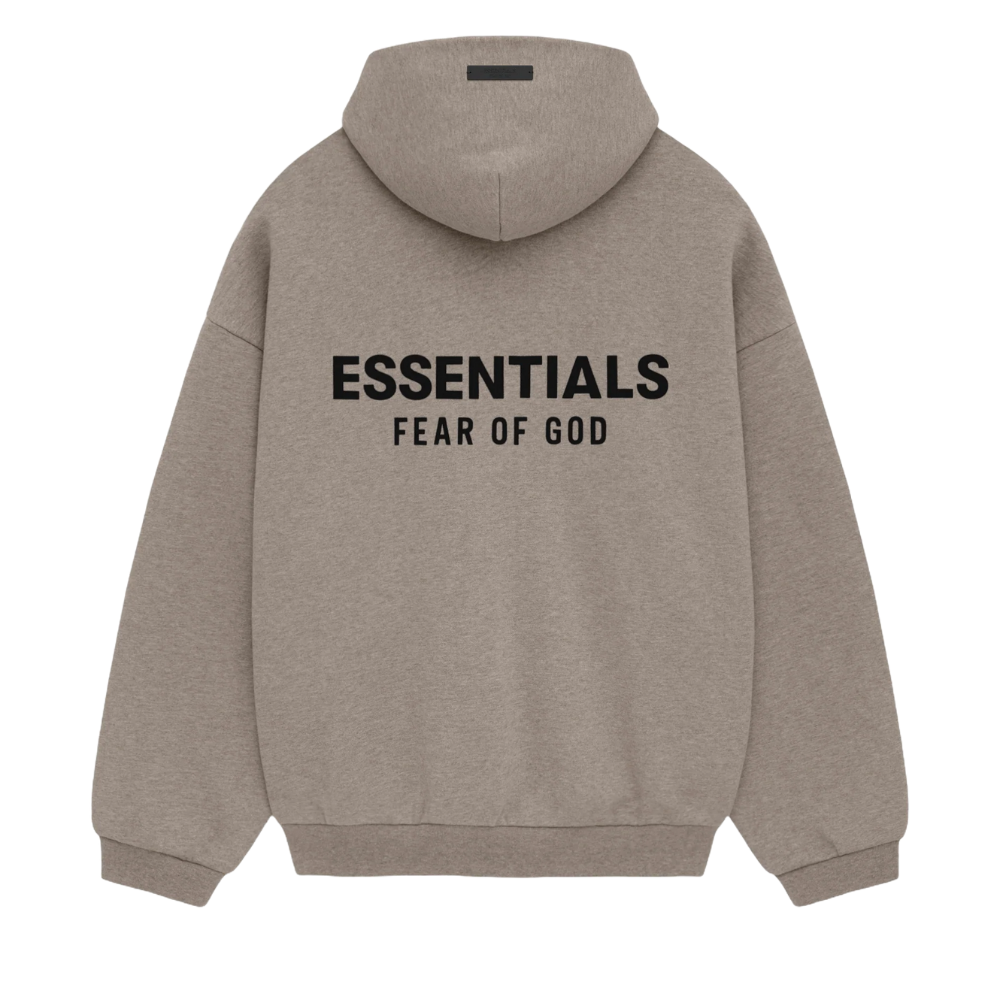 The Fear of God ESSENTIALS HOLIDAY24 Hoodie in Heather Grey features "ESSENTIALS FEAR OF GOD" in bold black on the back, a cozy hood, and ribbed cuffs, making it a must-have for fans.