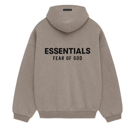 The Fear of God ESSENTIALS HOLIDAY24 Hoodie in Heather Grey features "ESSENTIALS FEAR OF GOD" in bold black on the back, a cozy hood, and ribbed cuffs, making it a must-have for fans.