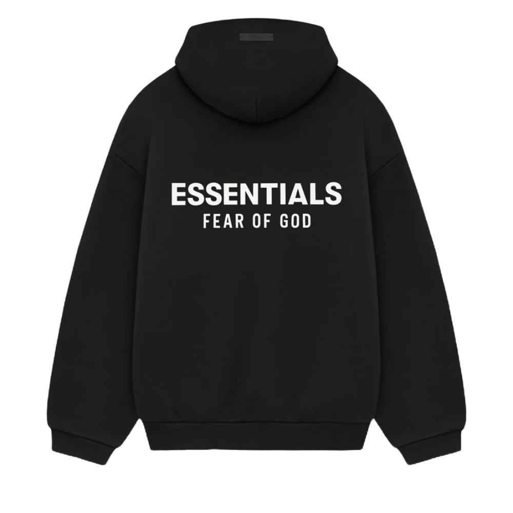 The Fear of God ESSENTIALS HOLIDAY24 Hoodie in black is a luxury streetwear item featuring "ESSENTIALS" in bold white letters and "FEAR OF GOD" on the back. It includes a drawstring hood and long sleeves for a sleek appearance.