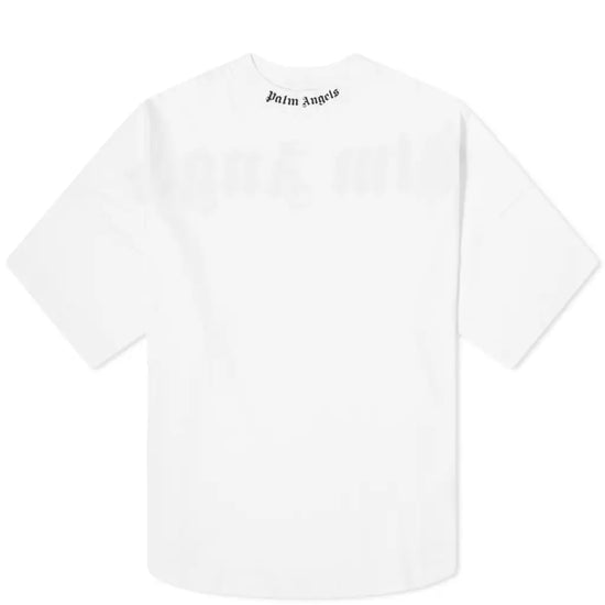 The Palm Angels Oversize Neck Logo T-Shirt in white offers an oversized fit with a classic crew neck, featuring a black "Palm Angels" logo print on the back near the neckline. The T-shirt has short sleeves and maintains a simple, clean design.