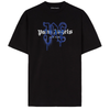 Immerse yourself in the edgy style of the Palm Angels New York Monogram Sprayed Logo T-Shirt, showcasing a standout white "New York Monogram" design. This chic piece is elevated with a vibrant blue graffiti effect, adding urban flair to the overall look.