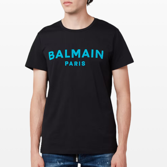 Balmain Logo Print Round Neck T-Shirt, Black & Blue