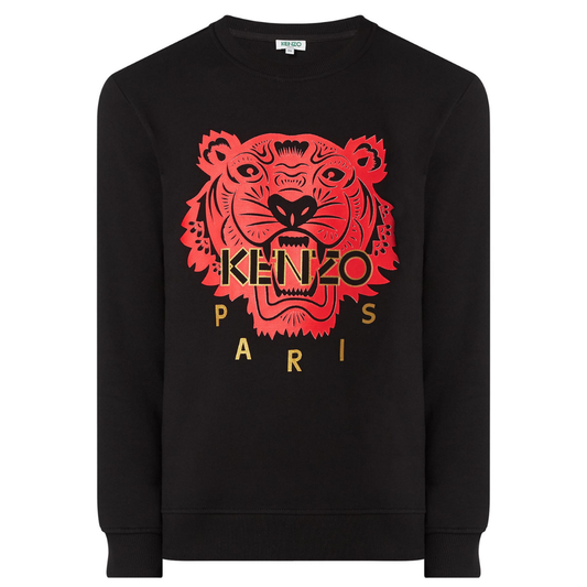 This Kenzo CNY Tiger Silicone Sweatshirt, crafted by Kenzo as part of the Chinese New Year collection, features a striking red, stylized tiger face design. The iconic tiger emblem prominently displays "KENZO" across its nose, accompanied by "PARIS" elegantly inscribed below in gold letters.