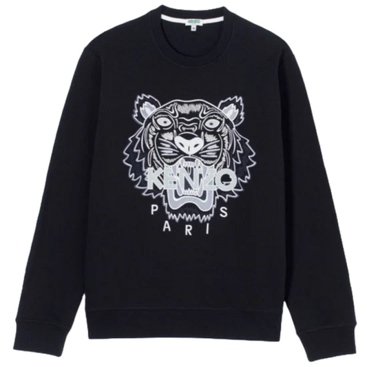 This Kenzo Classic Tiger Embroidered Sweatshirt features a Parisian style with an embroidered tiger emblem and "KENZO PARIS" elegantly displayed underneath.