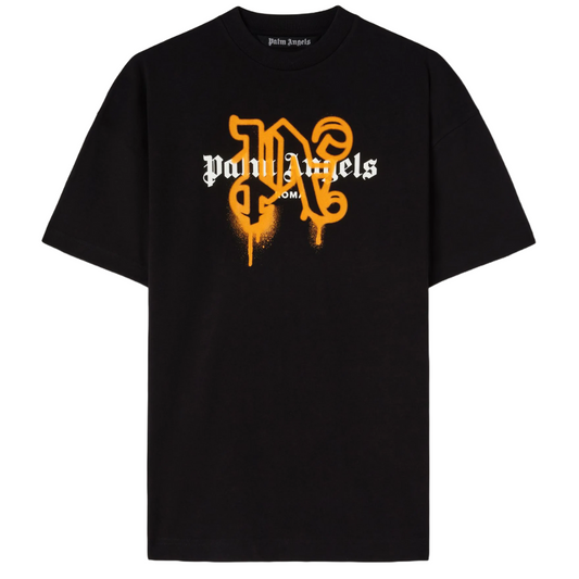 The Palm Angels Roma Monogram Sprayed Logo T-Shirt is a cotton jersey black T-shirt featuring a stylized "Palm Angels" monogram logo in white and orange with an eye-catching dripping effect.