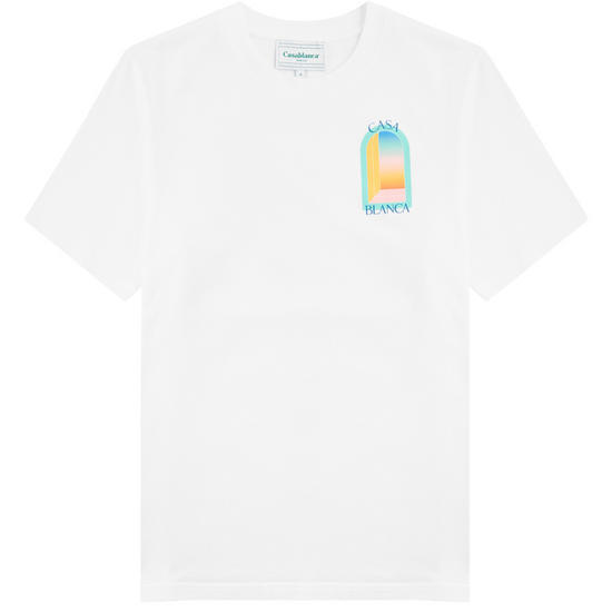 The Casablanca L'Arc Colore T-Shirt White, crafted from organic cotton, features a vibrant archway graphic with pastel gradients and the text "Casa Bianca" on the upper left. Inspired by Casablanca, this shirt combines style and comfort for everyday wear.