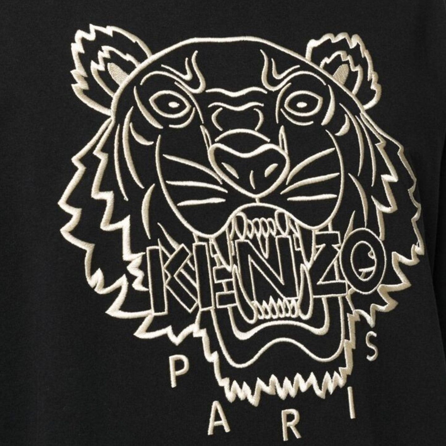 The Kenzo Oversize Embroidered Tiger T-Shirt in black features a premium cotton design with an eye-catching embroidered tiger roaring next to the "Kenzo Paris" logo.