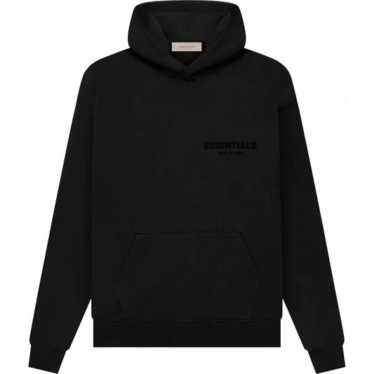 The Fear of God ESSENTIALS SS22 Hoodie, Stretch Limo is a luxury streetwear piece featuring a front pocket and hood, with "ESSENTIALS" emblazoned on the left chest—a true masterpiece from Fear of God ESSENTIALS.