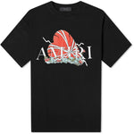 A black Amiri Broken Heart T-Shirt featuring a heart graphic wrapped in white ribbons and floral designs, with the word 