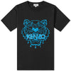 The Kenzo Neon Classic Tiger Print T-Shirt is a black, iconic piece made from premium cotton. It features a blue outline of the Kenzo tiger's face with "KENZO PARIS" seamlessly integrated into the front design. This shirt is complete with a crew neckline and short sleeves, embodying the brand's signature style.