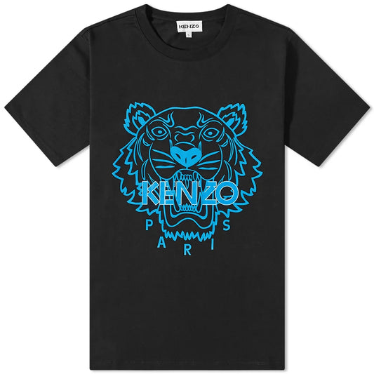 The Kenzo Neon Classic Tiger Print T-Shirt is a black, iconic piece made from premium cotton. It features a blue outline of the Kenzo tiger's face with "KENZO PARIS" seamlessly integrated into the front design. This shirt is complete with a crew neckline and short sleeves, embodying the brand's signature style.