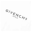 A white surface featuring "GIVENCHY" in bold black letters and "PARIS" beneath it, slightly tilted to the right, evokes the style of the Givenchy Paris Logo T-Shirt in white by Givenchy.