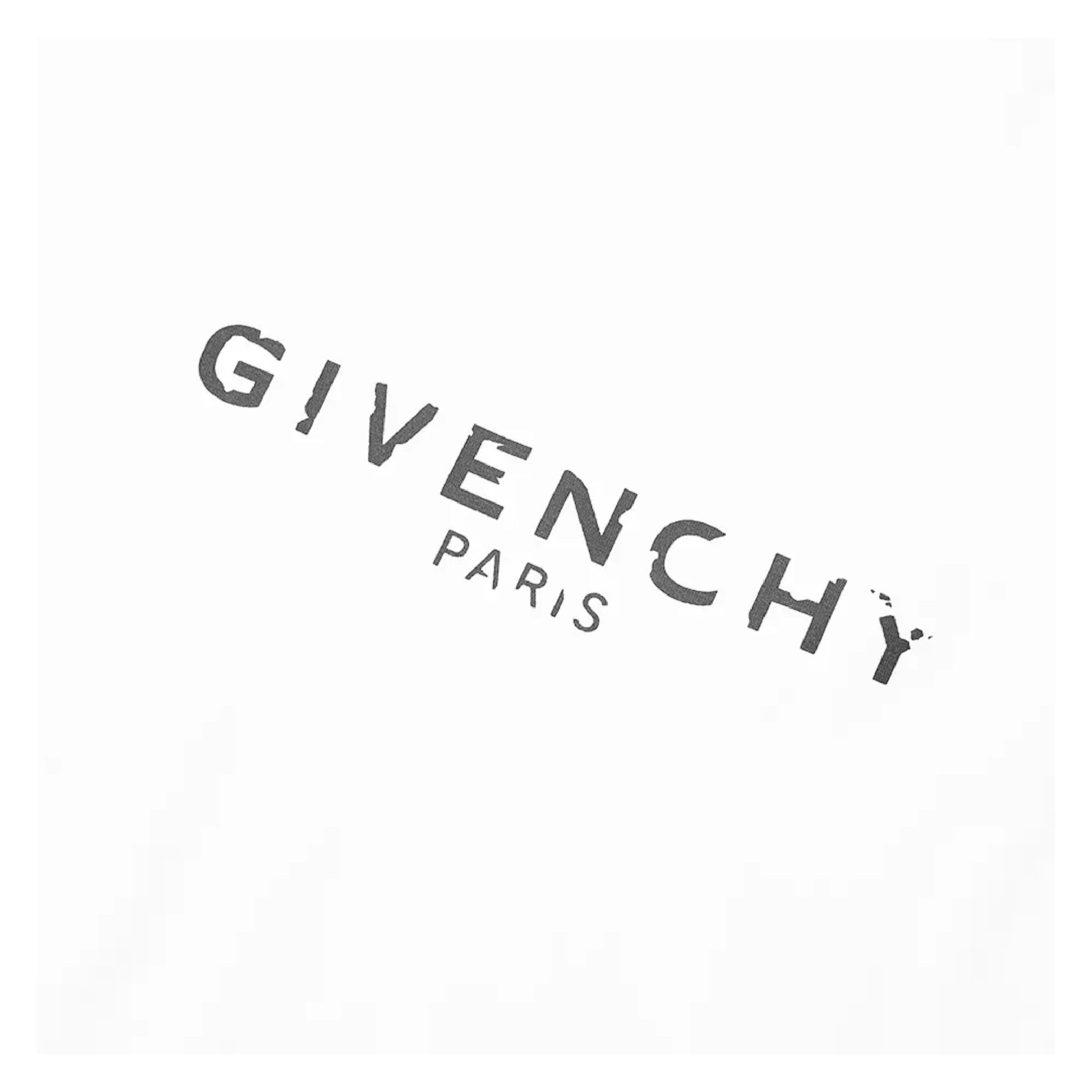 A white surface featuring "GIVENCHY" in bold black letters and "PARIS" beneath it, slightly tilted to the right, evokes the style of the Givenchy Paris Logo T-Shirt in white by Givenchy.