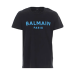 This Balmain Logo Print Round Neck T-Shirt by Balmain features a striking blue logo on the front, beautifully set against a classic black jersey-knit cotton fabric with an everlasting crew neck design.