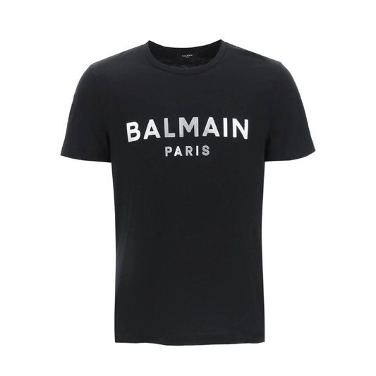 Balmain Logo Print Round Neck T-Shirt, Black & Silver