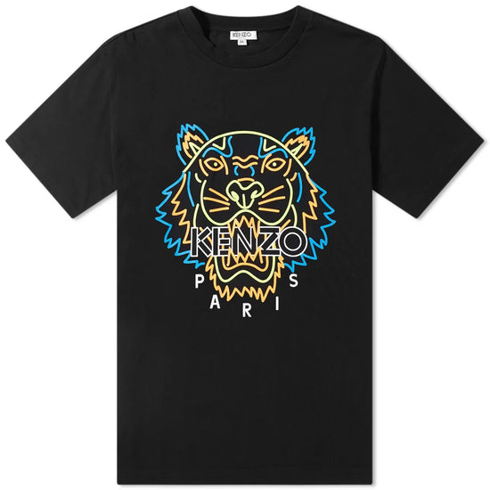 This Averlo Kenzo Neon Tiger T-Shirt is a slim-fit, black crewneck featuring a colorful tiger graphic with bold "KENZO PARIS" branding. The design is centered on the chest, showcasing vibrant blue, yellow, and orange outlines on cotton for both style and comfort.