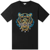 This Averlo Kenzo Neon Tiger T-Shirt is a slim-fit, black crewneck featuring a colorful tiger graphic with bold "KENZO PARIS" branding. The design is centered on the chest, showcasing vibrant blue, yellow, and orange outlines on cotton for both style and comfort.