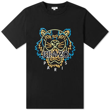 This Averlo Kenzo Neon Tiger T-Shirt is a slim-fit, black crewneck featuring a colorful tiger graphic with bold "KENZO PARIS" branding. The design is centered on the chest, showcasing vibrant blue, yellow, and orange outlines on cotton for both style and comfort.
