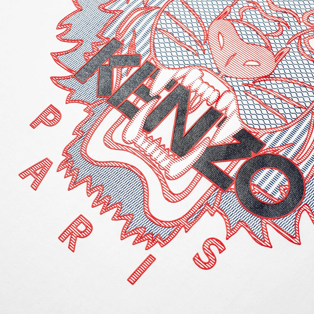 This design features a stylized tiger face in red, prominently displaying "KENZO" across it in black lettering, with "PARIS" elegantly inscribed below it in red. Reminiscent of the Kenzo White Silicone Scuba Tiger T-Shirt style, the white background enhances the intricate line details.